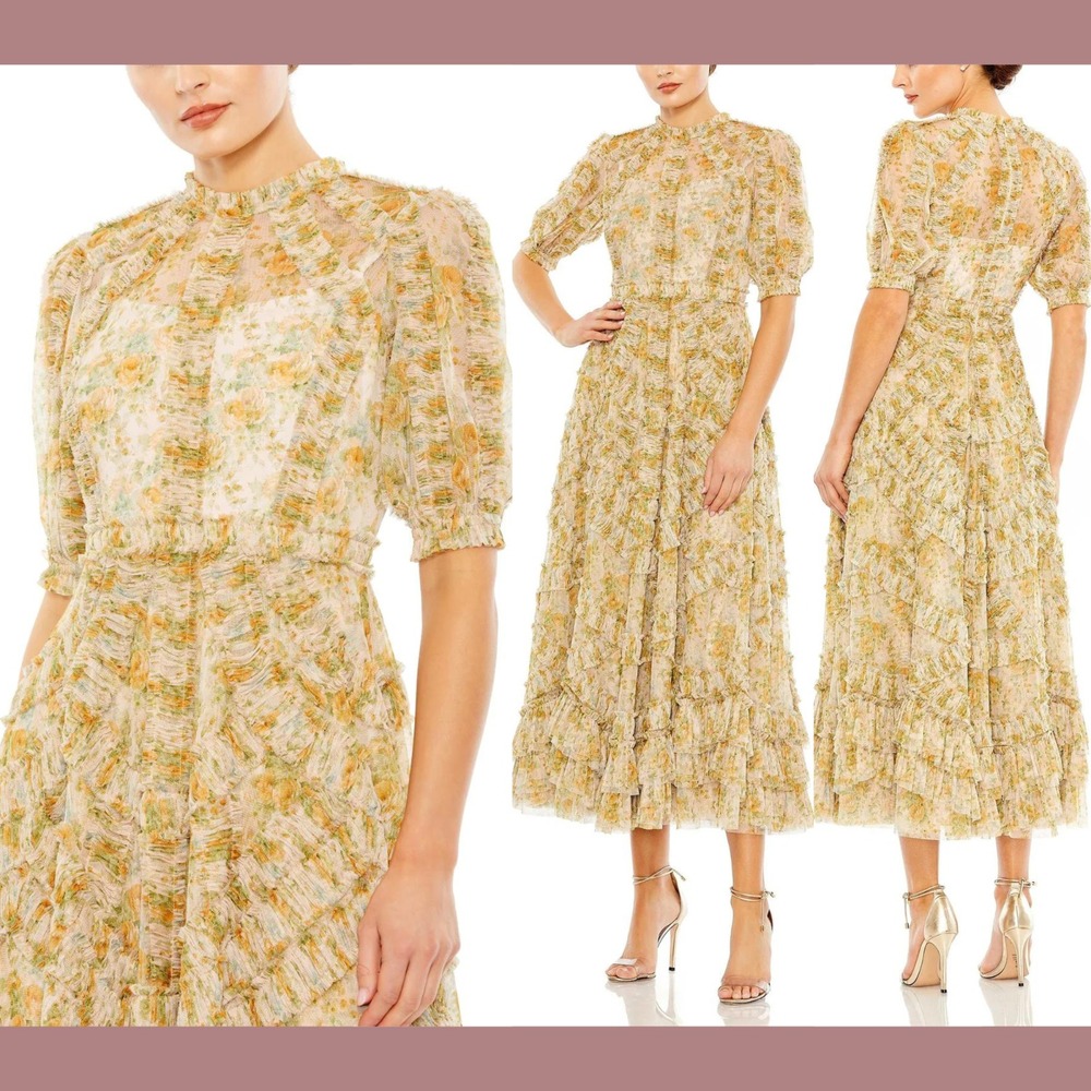 NEW Mac Duggal [ 12 ] 80111‎ Mesh Puff Sleeve Floral Print Dress Yellow #S2023